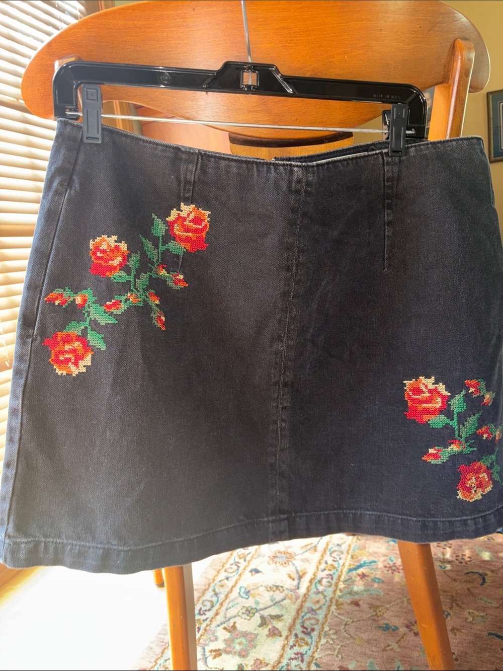 Topshop Black Denim Mini Skirt with Red Rose Embroidery